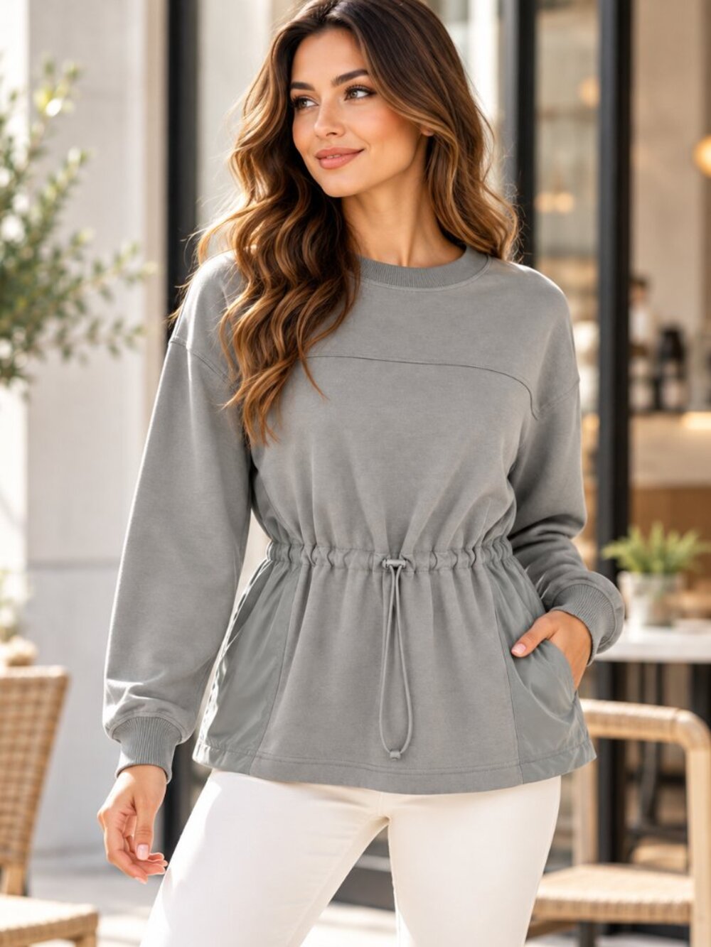 Athleta Women's Sage Green Long Sleeve Sweatshirt Top Drawstring Waist Pullover